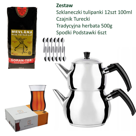 Zestaw do tureckiej herbaty – czajnik stalowy indukcja, herbata Mevlana, szklanki i łyżeczki